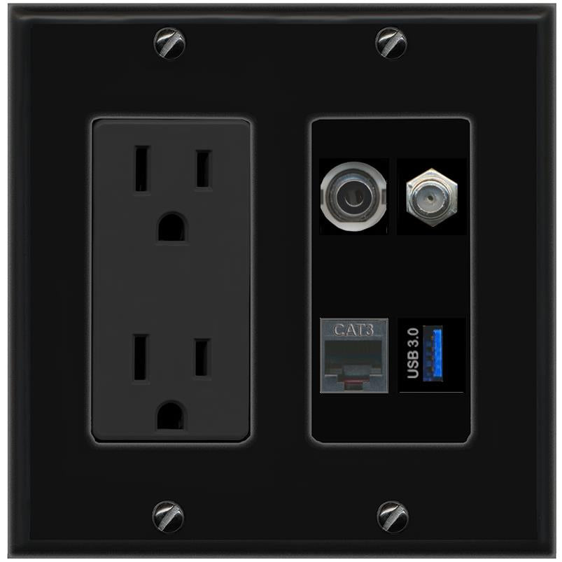 RiteAV 3.5mm COAX PHONE USB-3 Wall Plate with 15A Power Outlet [Black]