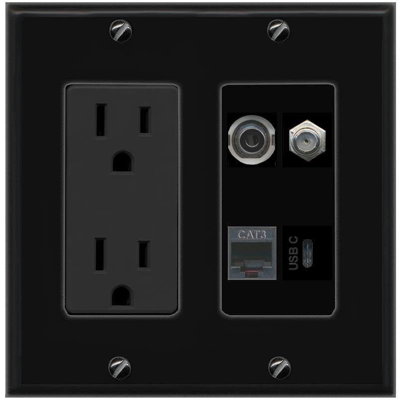 RiteAV 3.5mm COAX PHONE USBC Wall Plate with 15A Power Outlet [Black]