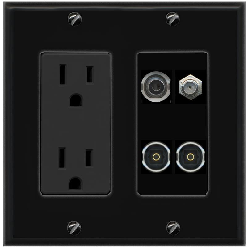 RiteAV 3.5mm COAX 2 TOSLINK Wall Plate with 15A Power Outlet [Black]