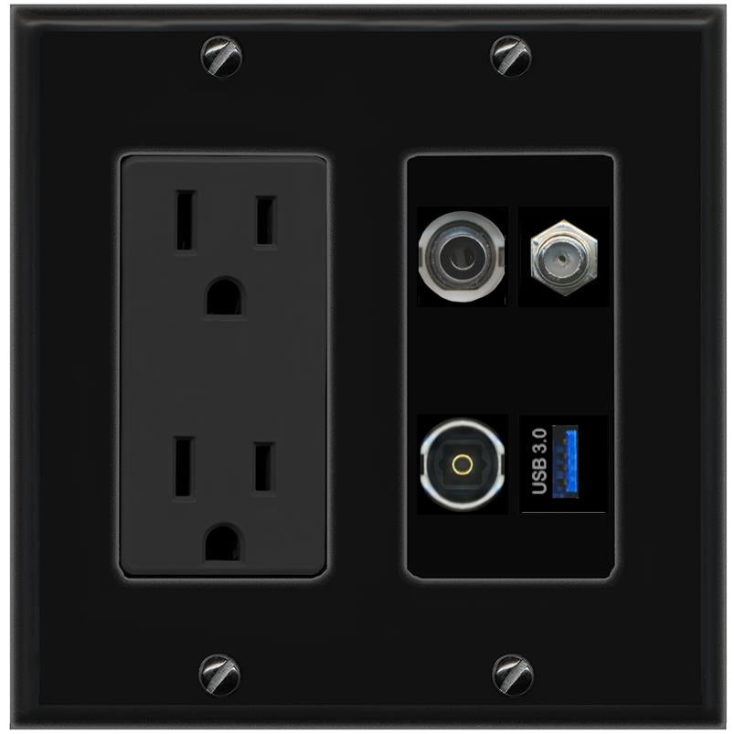 RiteAV 3.5mm COAX TOSLINK USB-3 Wall Plate with 15A Power Outlet [Black]