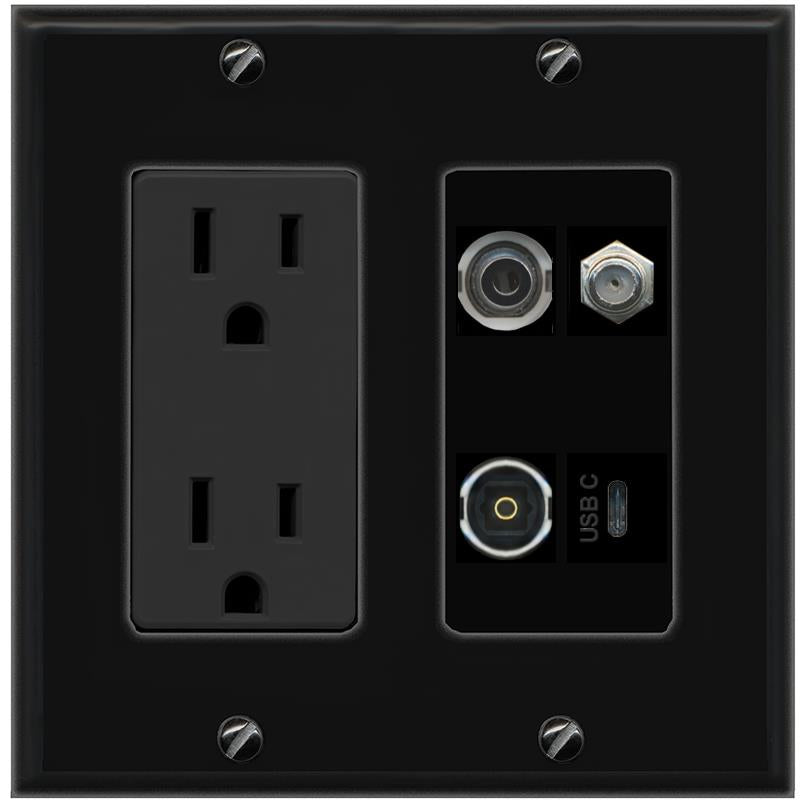 RiteAV 3.5mm COAX TOSLINK USBC Wall Plate with 15A Power Outlet [Black]