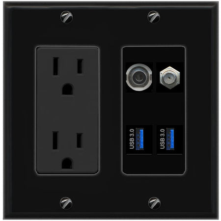 RiteAV 3.5mm COAX 2 USB-3 Wall Plate with 15A Power Outlet [Black]