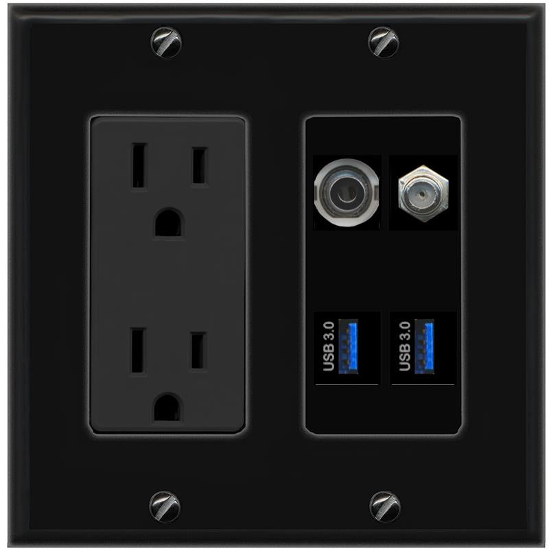 RiteAV 3.5mm COAX 2 USB-3 Wall Plate with 15A Power Outlet [Black]