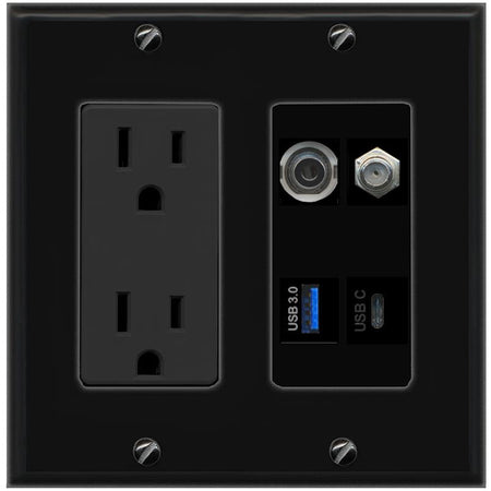 RiteAV 3.5mm COAX USB-3 USBC Wall Plate with 15A Power Outlet [Black]