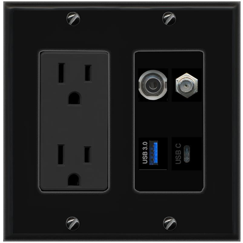 RiteAV 3.5mm COAX USB-3 USBC Wall Plate with 15A Power Outlet [Black]