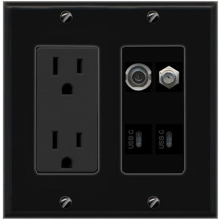 RiteAV 3.5mm COAX 2 USBC Wall Plate with 15A Power Outlet [Black]