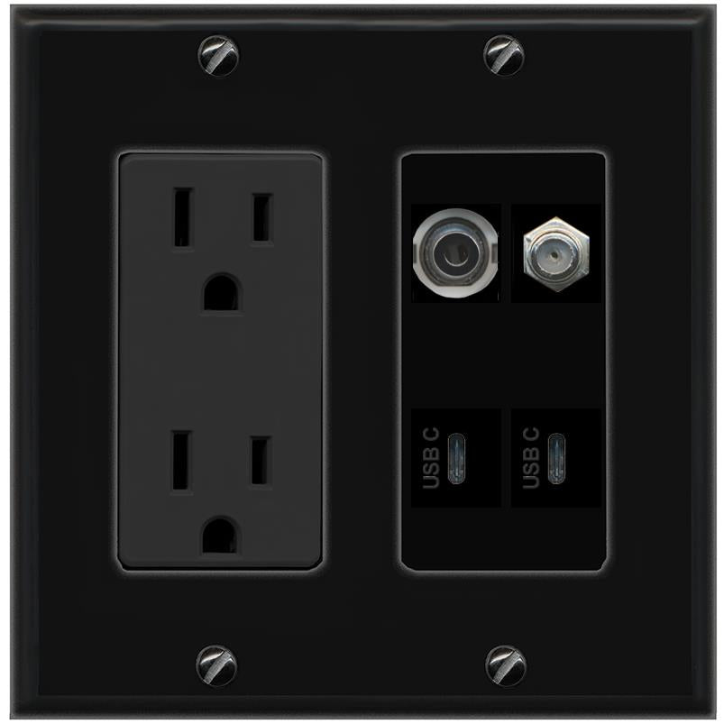 RiteAV 3.5mm COAX 2 USBC Wall Plate with 15A Power Outlet [Black]