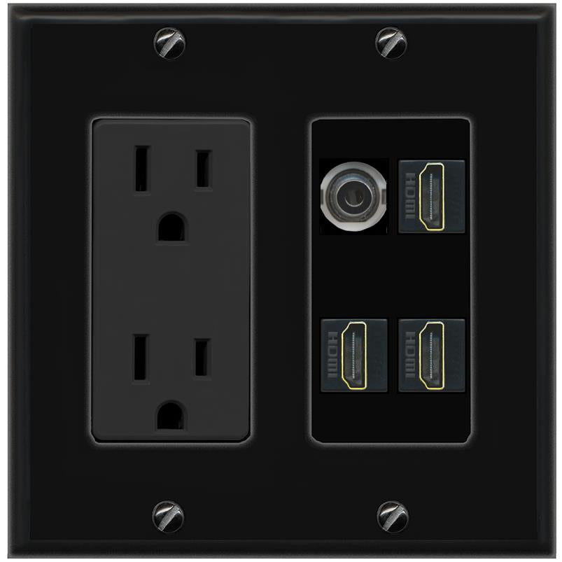 RiteAV 3.5mm 3 HDMI Wall Plate with 15A Power Outlet [Black]