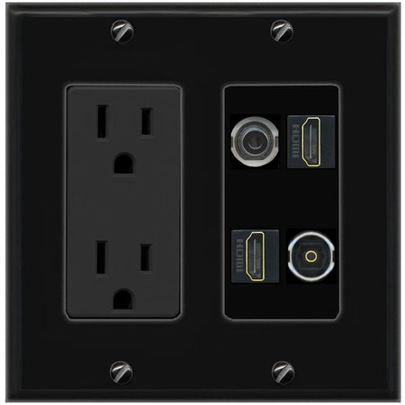RiteAV 3.5mm 2 HDMI TOSLINK Wall Plate with 15A Power Outlet [Black]