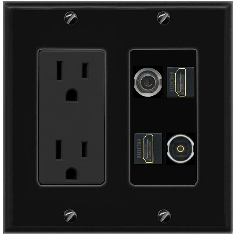 RiteAV 3.5mm 2 HDMI TOSLINK Wall Plate with 15A Power Outlet [Black]