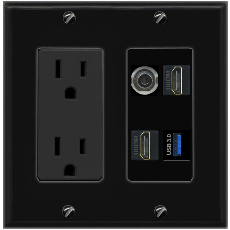 RiteAV 3.5mm 2 HDMI USB-3 Wall Plate with 15A Power Outlet [Black]