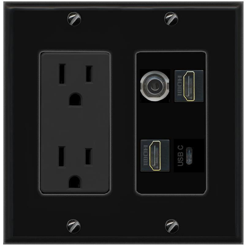 RiteAV 3.5mm 2 HDMI USBC Wall Plate with 15A Power Outlet [Black]
