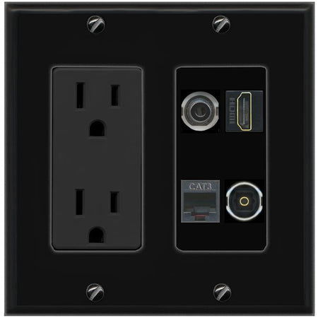 RiteAV 3.5mm HDMI PHONE TOSLINK Wall Plate with 15A Power Outlet [Black]