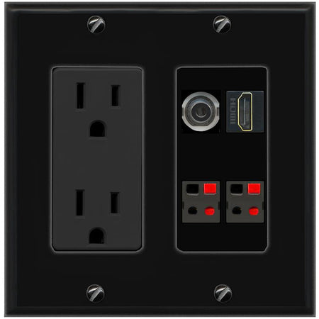 RiteAV 3.5mm HDMI 2 SPEAKER Wall Plate with 15A Power Outlet [Black]