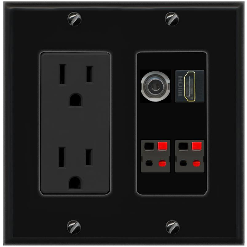 RiteAV 3.5mm HDMI 2 SPEAKER Wall Plate with 15A Power Outlet [Black]