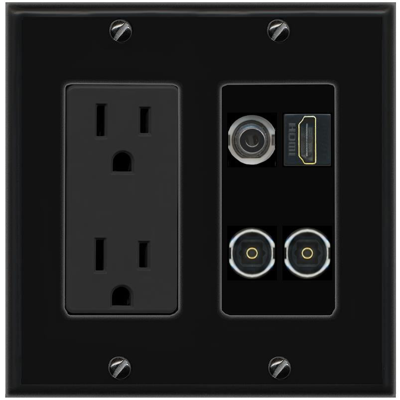 RiteAV 3.5mm HDMI 2 TOSLINK Wall Plate with 15A Power Outlet [Black]