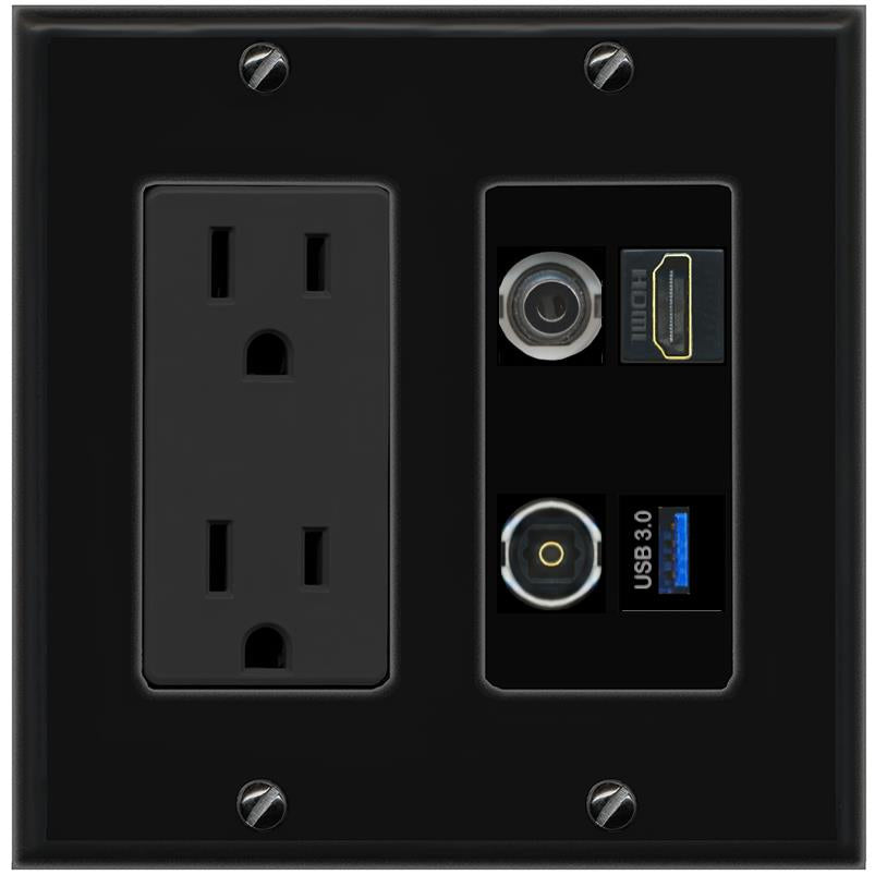 RiteAV 3.5mm HDMI TOSLINK USB-3 Wall Plate with 15A Power Outlet [Black]