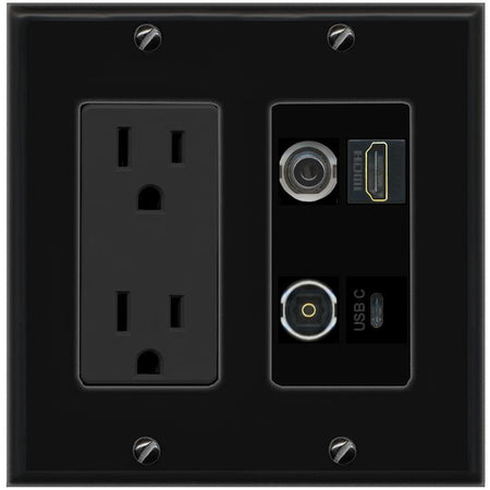 RiteAV 3.5mm HDMI TOSLINK USBC Wall Plate with 15A Power Outlet [Black]