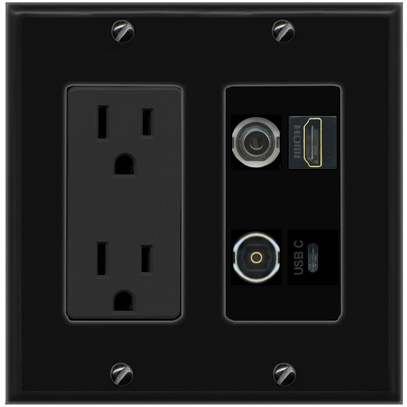 RiteAV 3.5mm HDMI TOSLINK USBC Wall Plate with 15A Power Outlet [Black]