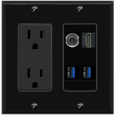 RiteAV 3.5mm HDMI 2 USB-3 Wall Plate with 15A Power Outlet [Black]