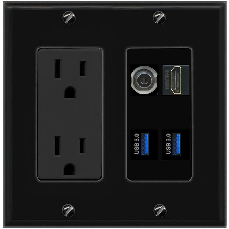 RiteAV 3.5mm HDMI 2 USB-3 Wall Plate with 15A Power Outlet [Black]
