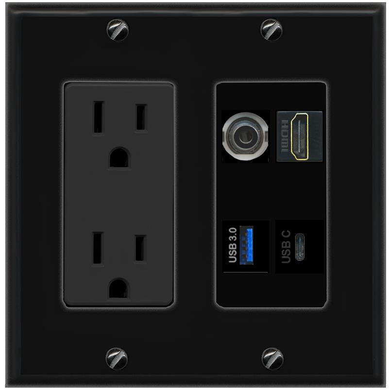 RiteAV 3.5mm HDMI USB-3 USBC Wall Plate with 15A Power Outlet [Black]