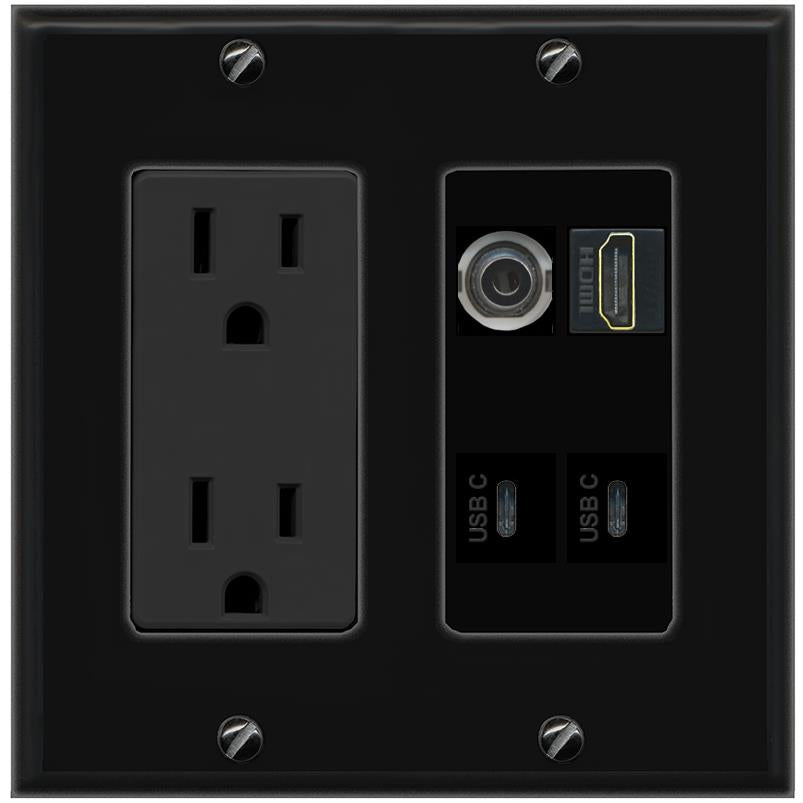 RiteAV 3.5mm HDMI 2 USBC Wall Plate with 15A Power Outlet [Black]