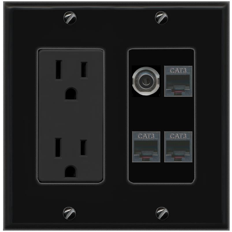 RiteAV 3.5mm 3 PHONE Wall Plate with 15A Power Outlet [Black]