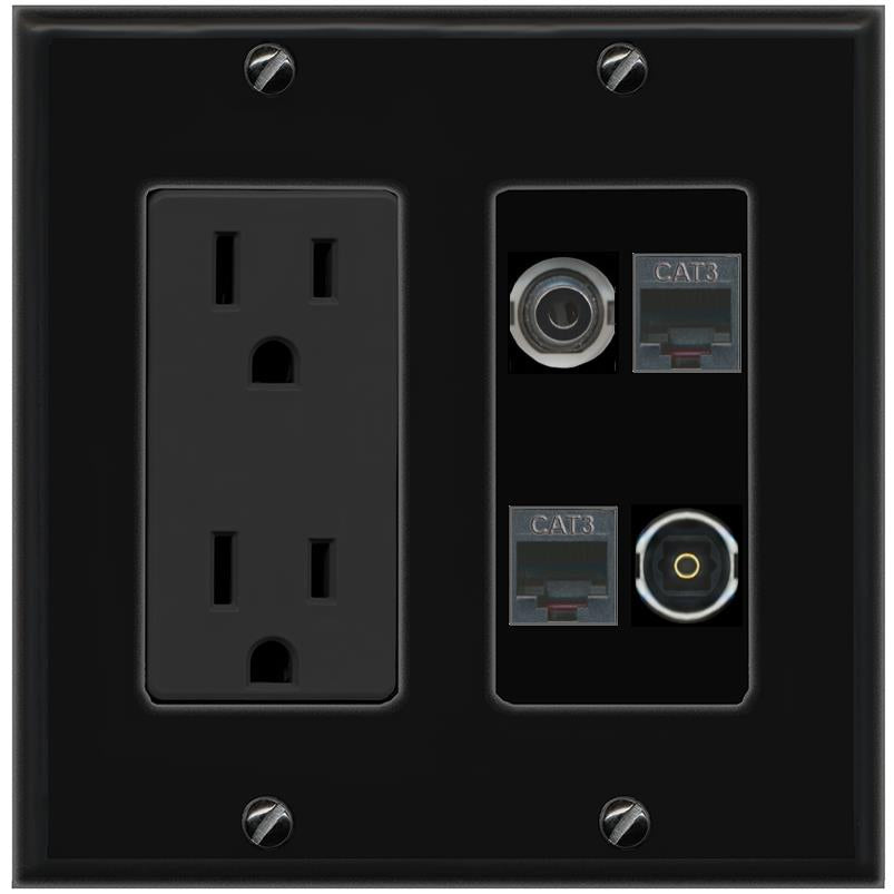 RiteAV 3.5mm 2 PHONE TOSLINK Wall Plate with 15A Power Outlet [Black]
