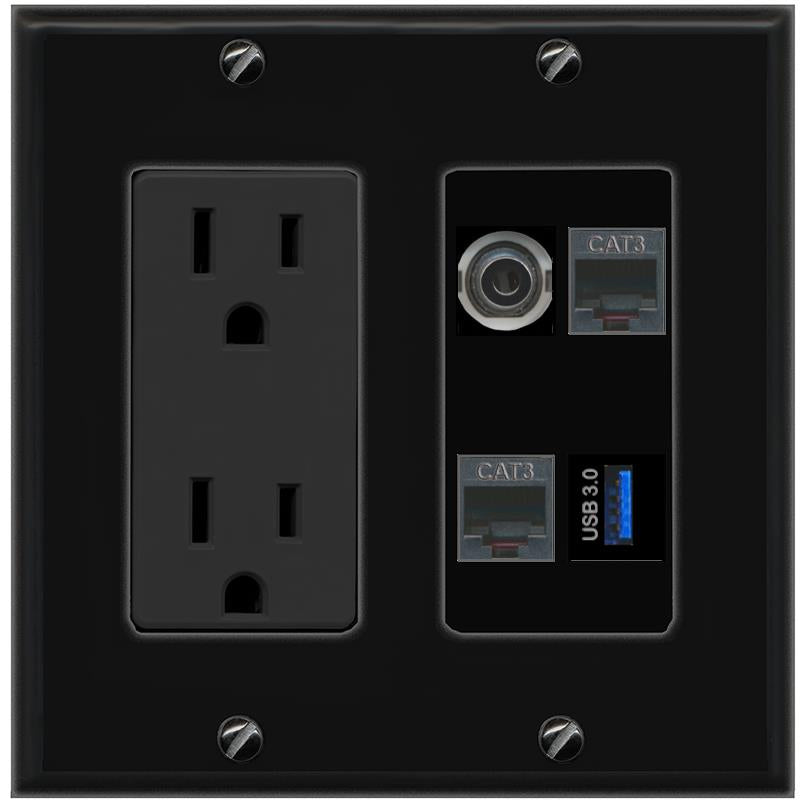 RiteAV 3.5mm 2 PHONE USB-3 Wall Plate with 15A Power Outlet [Black]