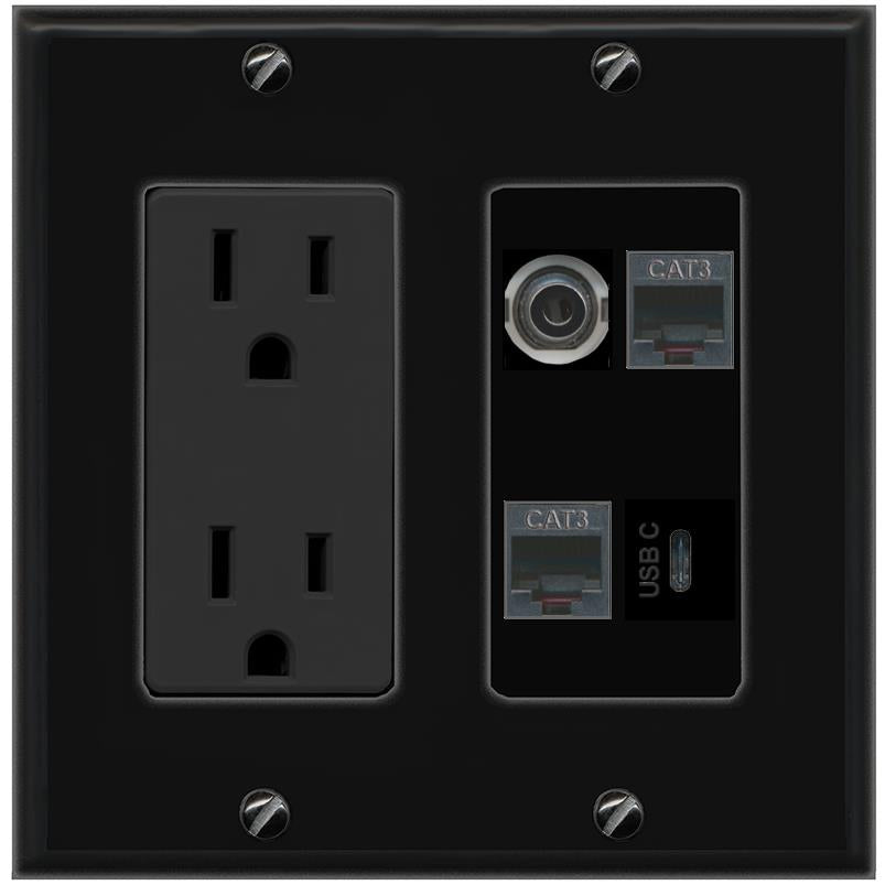 RiteAV 3.5mm 2 PHONE USBC Wall Plate with 15A Power Outlet [Black]