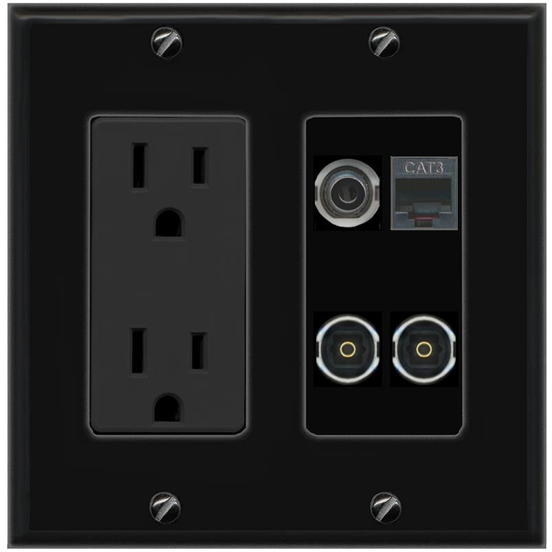 RiteAV 3.5mm PHONE 2 TOSLINK Wall Plate with 15A Power Outlet [Black]
