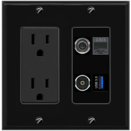 RiteAV 3.5mm PHONE TOSLINK USB-3 Wall Plate with 15A Power Outlet [Black]