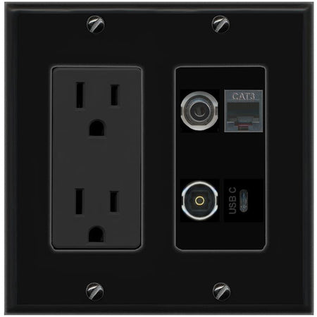 RiteAV 3.5mm PHONE TOSLINK USBC Wall Plate with 15A Power Outlet [Black]