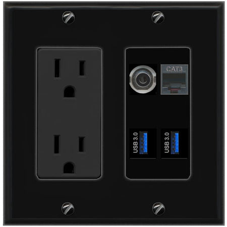 RiteAV 3.5mm PHONE 2 USB-3 Wall Plate with 15A Power Outlet [Black]