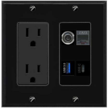 RiteAV 3.5mm PHONE USB-3 USBC Wall Plate with 15A Power Outlet [Black]