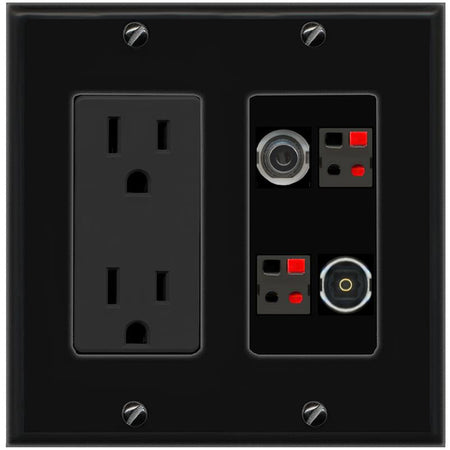 RiteAV 3.5mm 2 SPEAKER TOSLINK Wall Plate with 15A Power Outlet [Black]