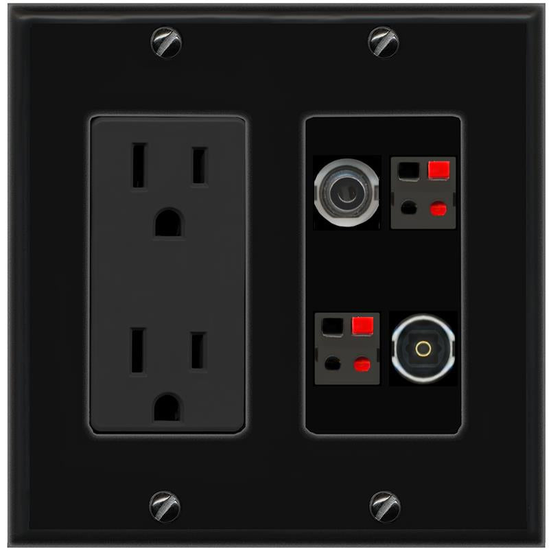 RiteAV 3.5mm 2 SPEAKER TOSLINK Wall Plate with 15A Power Outlet [Black]