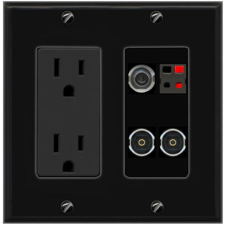 RiteAV 3.5mm SPEAKER 2 TOSLINK Wall Plate with 15A Power Outlet [Black]
