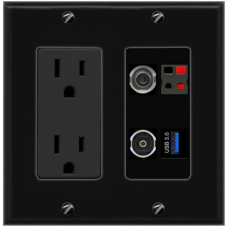 RiteAV 3.5mm SPEAKER TOSLINK USB-3 Wall Plate with 15A Power Outlet [Black]