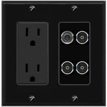 RiteAV 3.5mm 3 TOSLINK Wall Plate with 15A Power Outlet [Black]