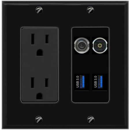 RiteAV 3.5mm TOSLINK 2 USB-3 Wall Plate with 15A Power Outlet [Black]