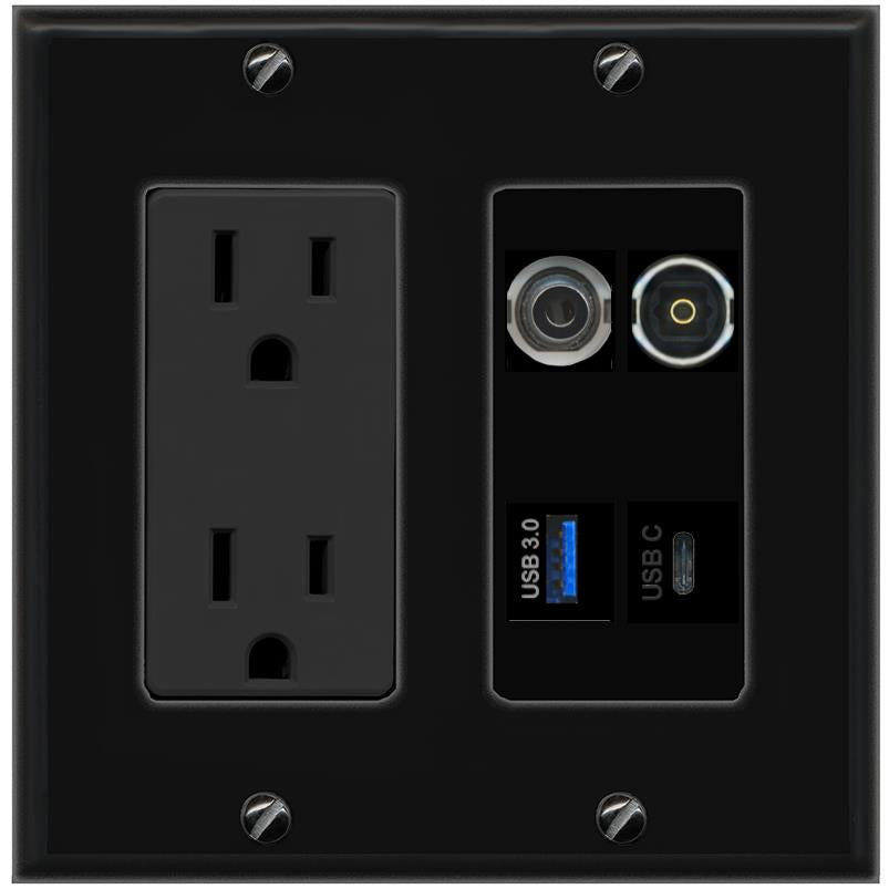 RiteAV 3.5mm TOSLINK USB-3 USBC Wall Plate with 15A Power Outlet [Black]