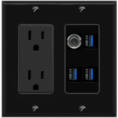 RiteAV 3.5mm 3 USB-3 Wall Plate with 15A Power Outlet [Black]