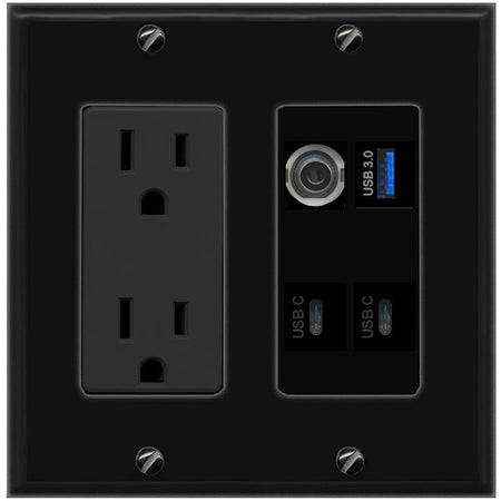 RiteAV 3.5mm USB-3 2 USBC Wall Plate with 15A Power Outlet [Black]