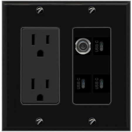 RiteAV 3.5mm 3 USBC Wall Plate with 15A Power Outlet [Black]