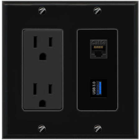 1 CAT5E 1 USB-3 Wall Plate [Black]