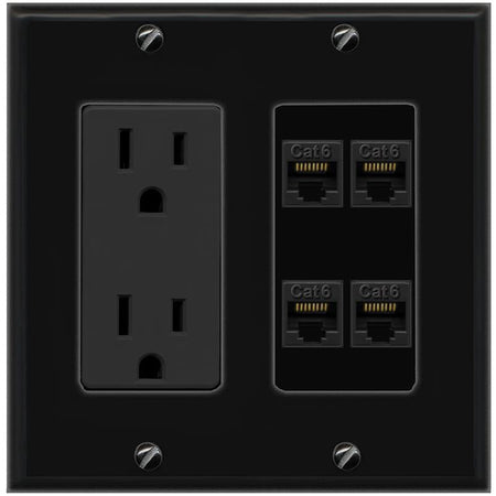 RiteAV 4 CAT6 Wall Plate with 15A Power Outlet [Black]