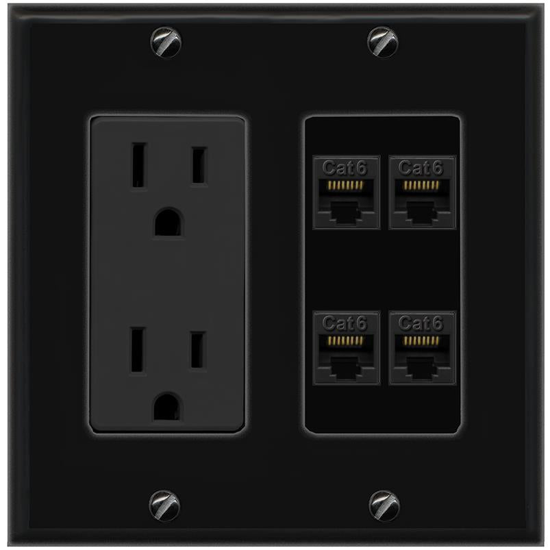 RiteAV 4 CAT6 Wall Plate with 15A Power Outlet [Black]