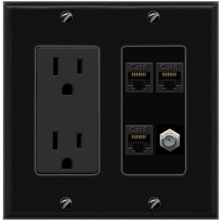 RiteAV 3 CAT6 COAX Wall Plate with 15A Power Outlet [Black]